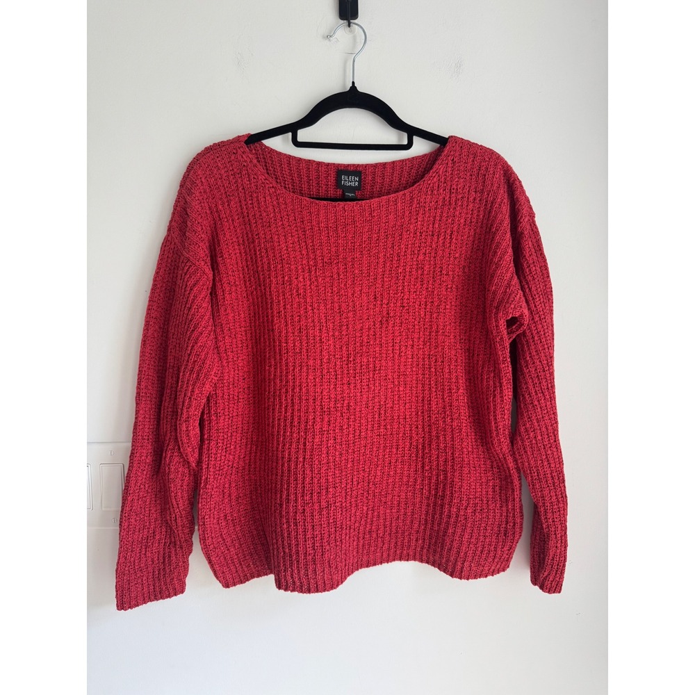 Eileen Fisher Red Ribbed Boat Neck Cotton Blend Knit Sweater Large